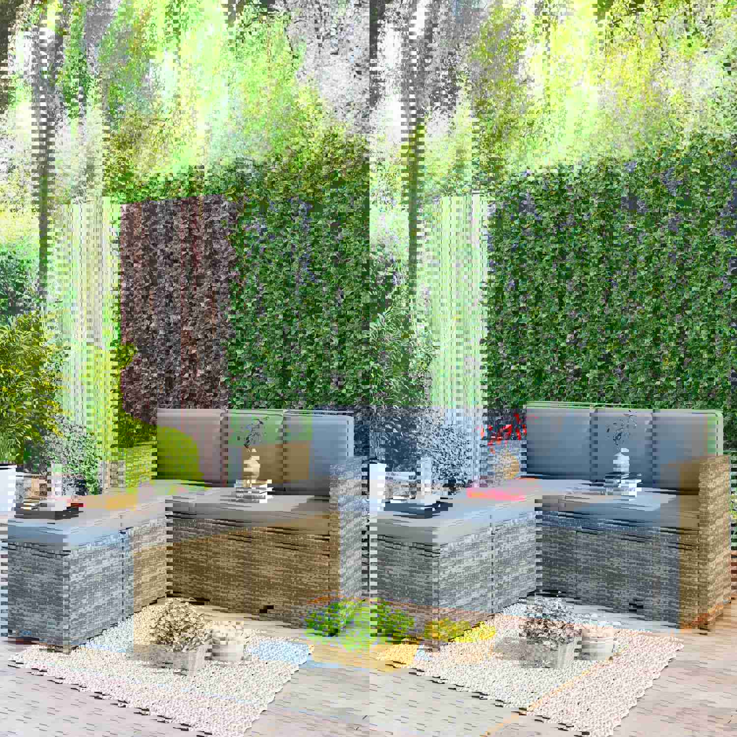TOPMAX 4-piece Outdoor Backyard Patio Rattan Sofa Set, All-weather PE Wicker Sectional Furniture Set with Retractable Table, Gray