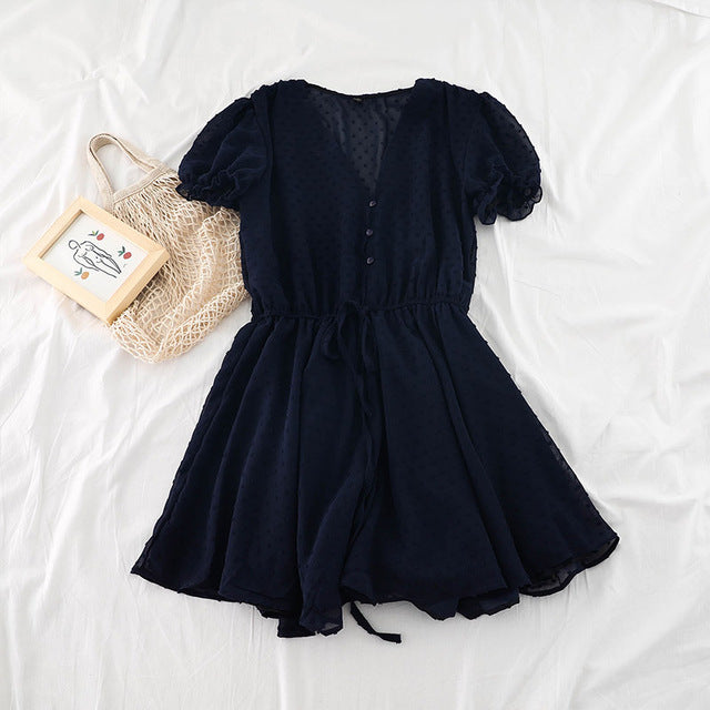 Women's Summer V-neck Lace Jumpsuit with Elastic Waist and Wide-legged Shorts