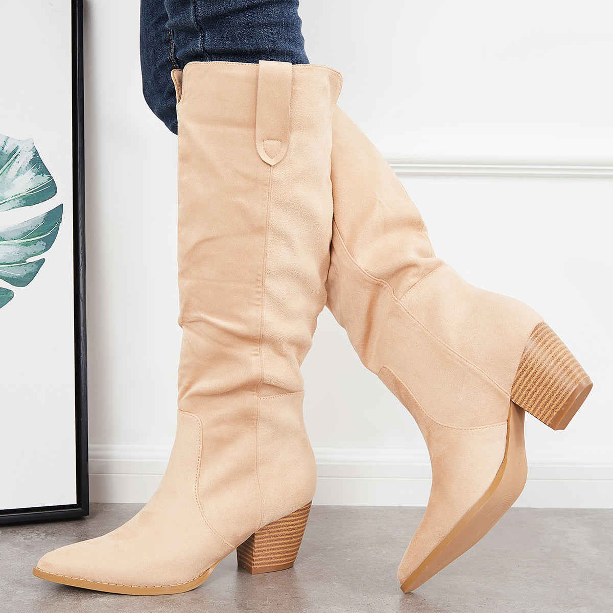 Women's Knee High Boots with Chunky Block Heel - Western Riding Style