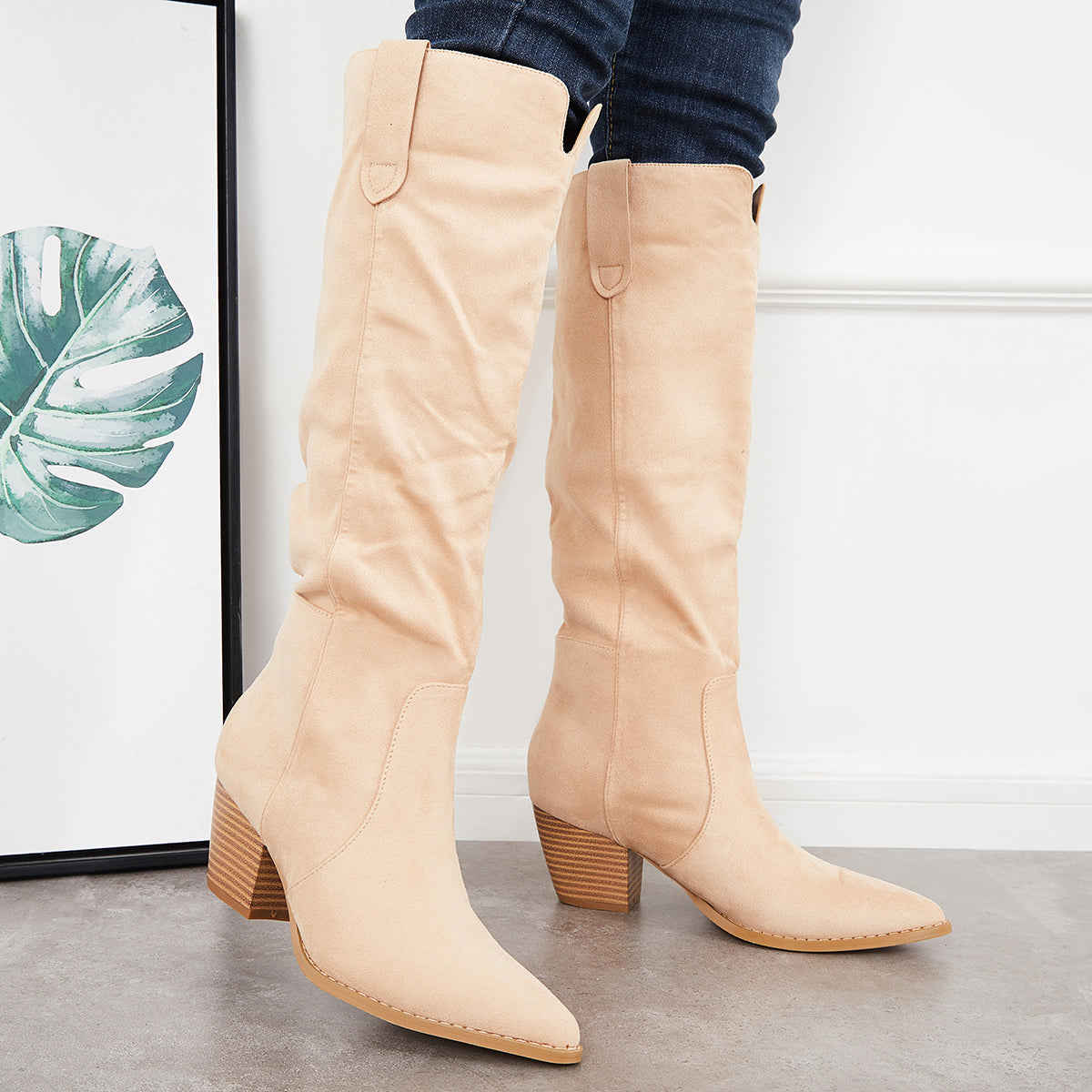 Women's Knee High Boots with Chunky Block Heel - Western Riding Style