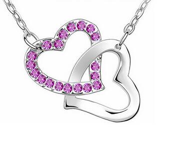 Free Shipping Wholesale Fashion Jewelry Double Heart Pendant Necklace with AAAA+ Rhinestone