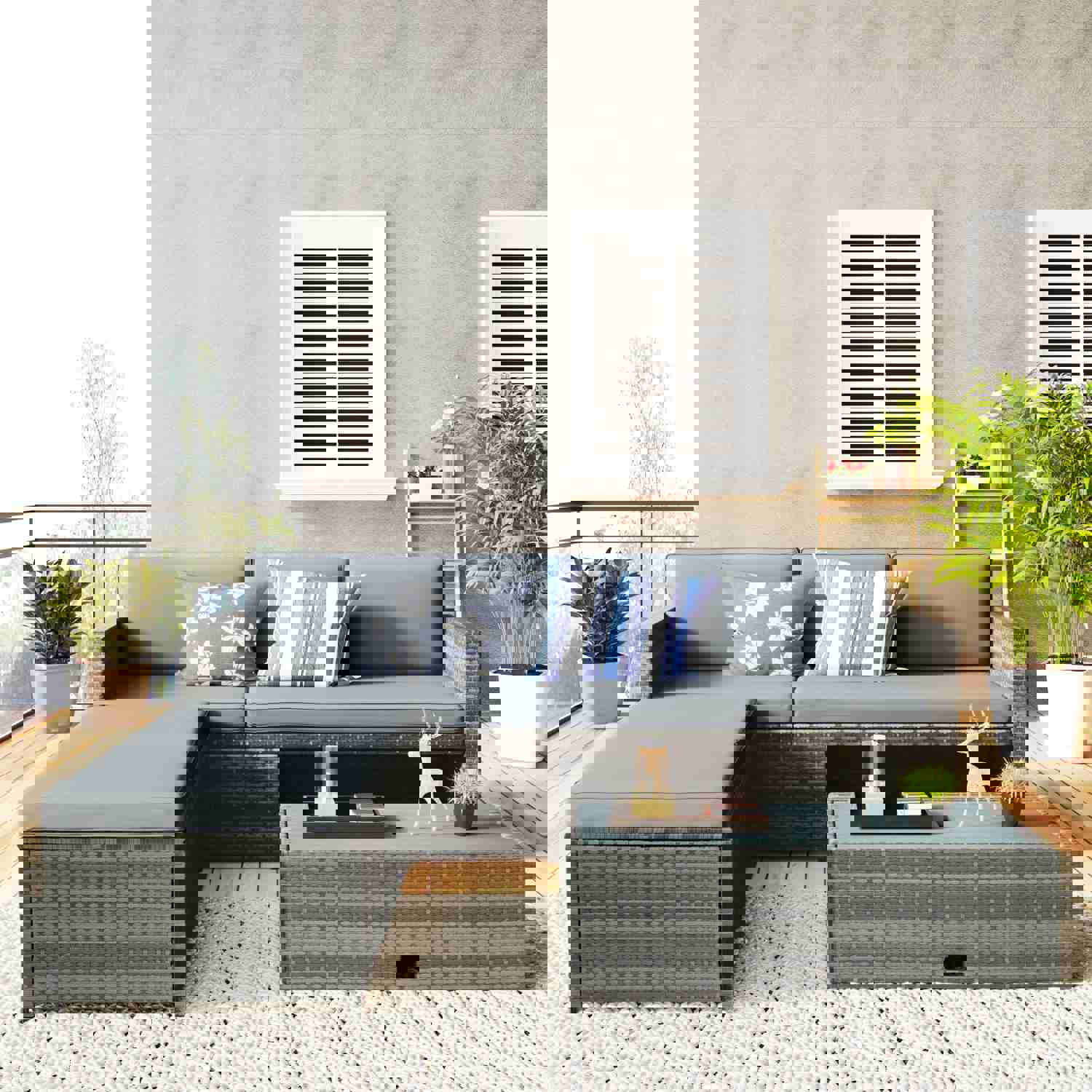 TOPMAX 4-piece Outdoor Backyard Patio Rattan Sofa Set, All-weather PE Wicker Sectional Furniture Set with Retractable Table, Gray