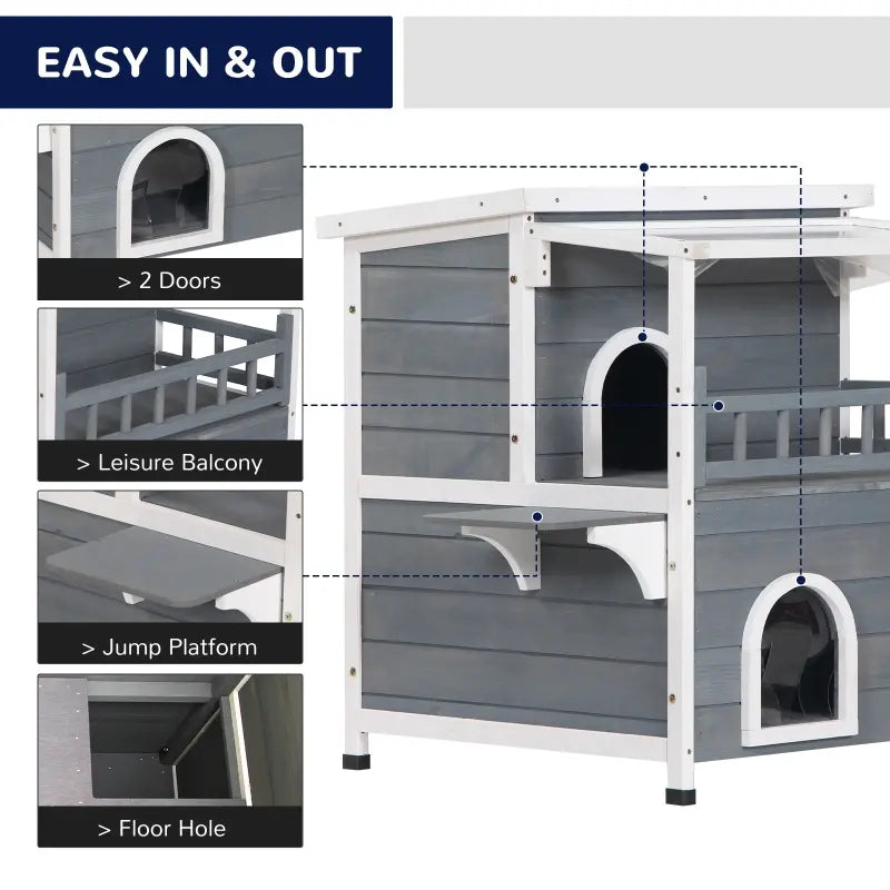 PawHut 2-Story Weatherproof Wood Cat House with Balcony & Doors for Indoor/Outdoor Use