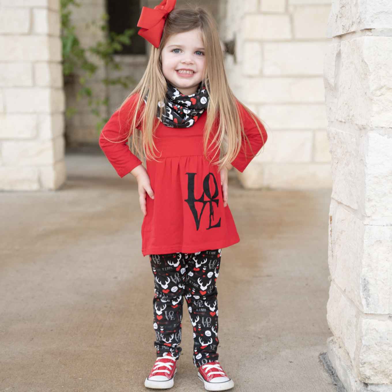 AL Limited Girls Valentines Day LOVE Red Long Sleeve Tunic Leggings & Scarf Clothing Set