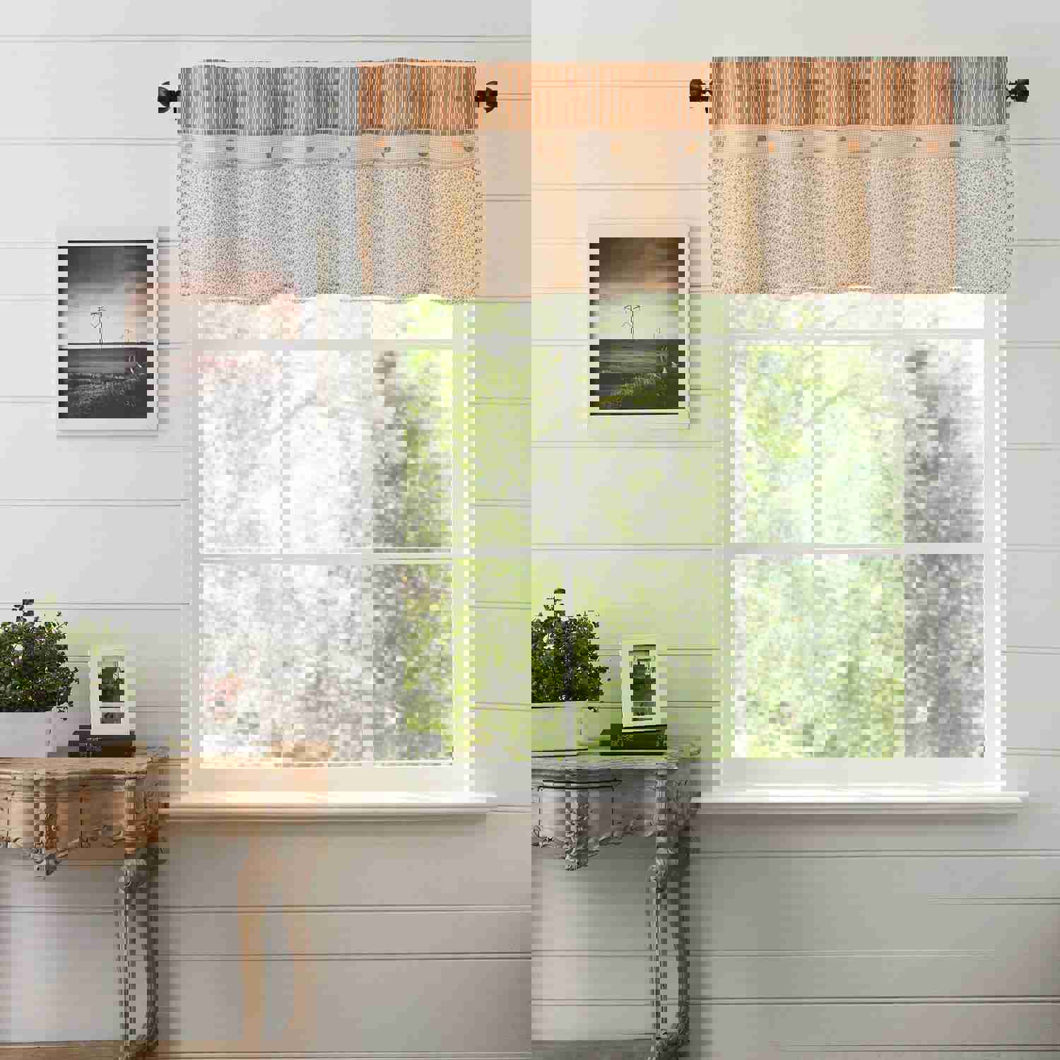Farmhouse Valance Striped Floral Camilia Ruffled Window Curtain