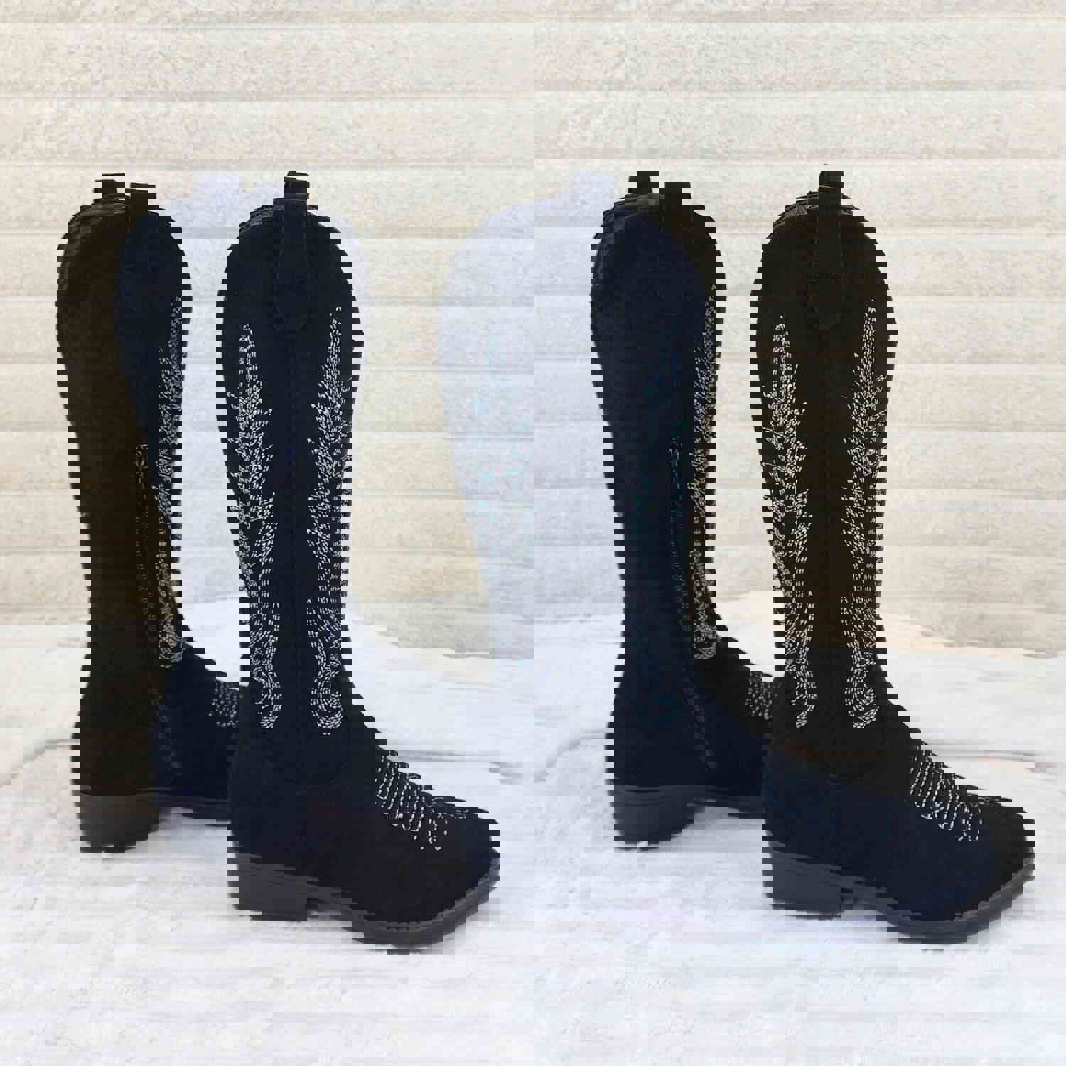 Bella Western Mid-calf Cowboy Cowgirl Boots Tan Low 1.5 Heels Black Faux Suede