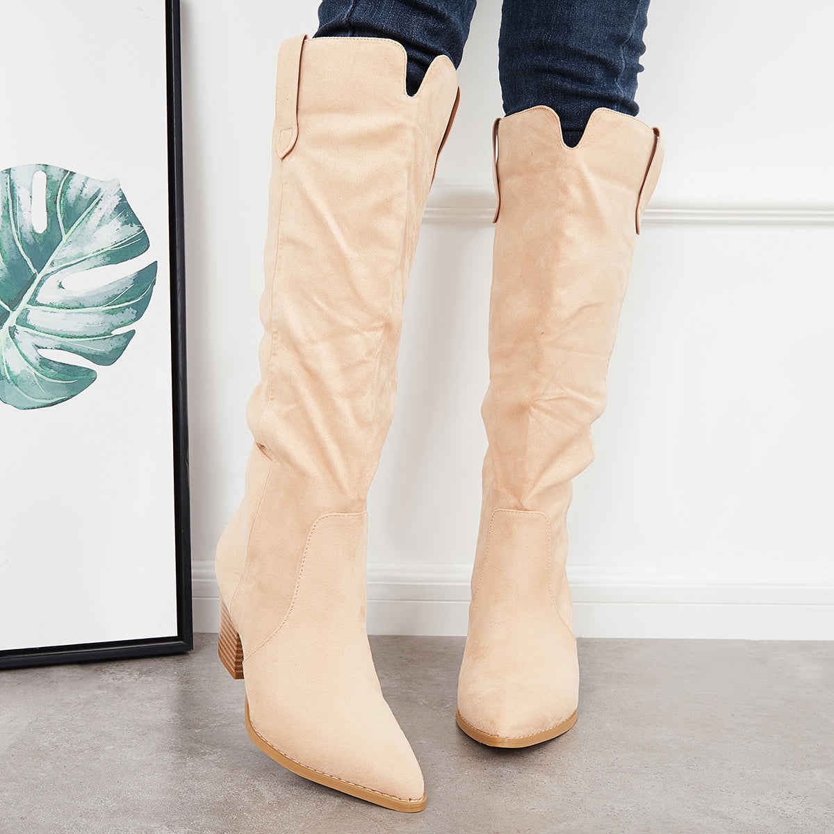 Women's Knee High Boots with Chunky Block Heel - Western Riding Style