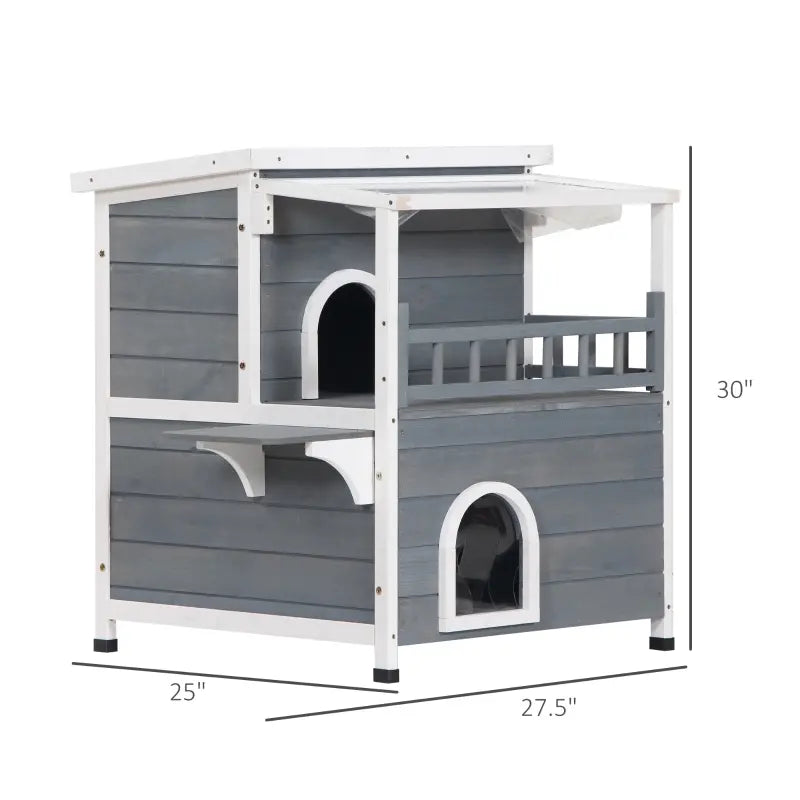 PawHut 2-Story Weatherproof Wood Cat House with Balcony & Doors for Indoor/Outdoor Use