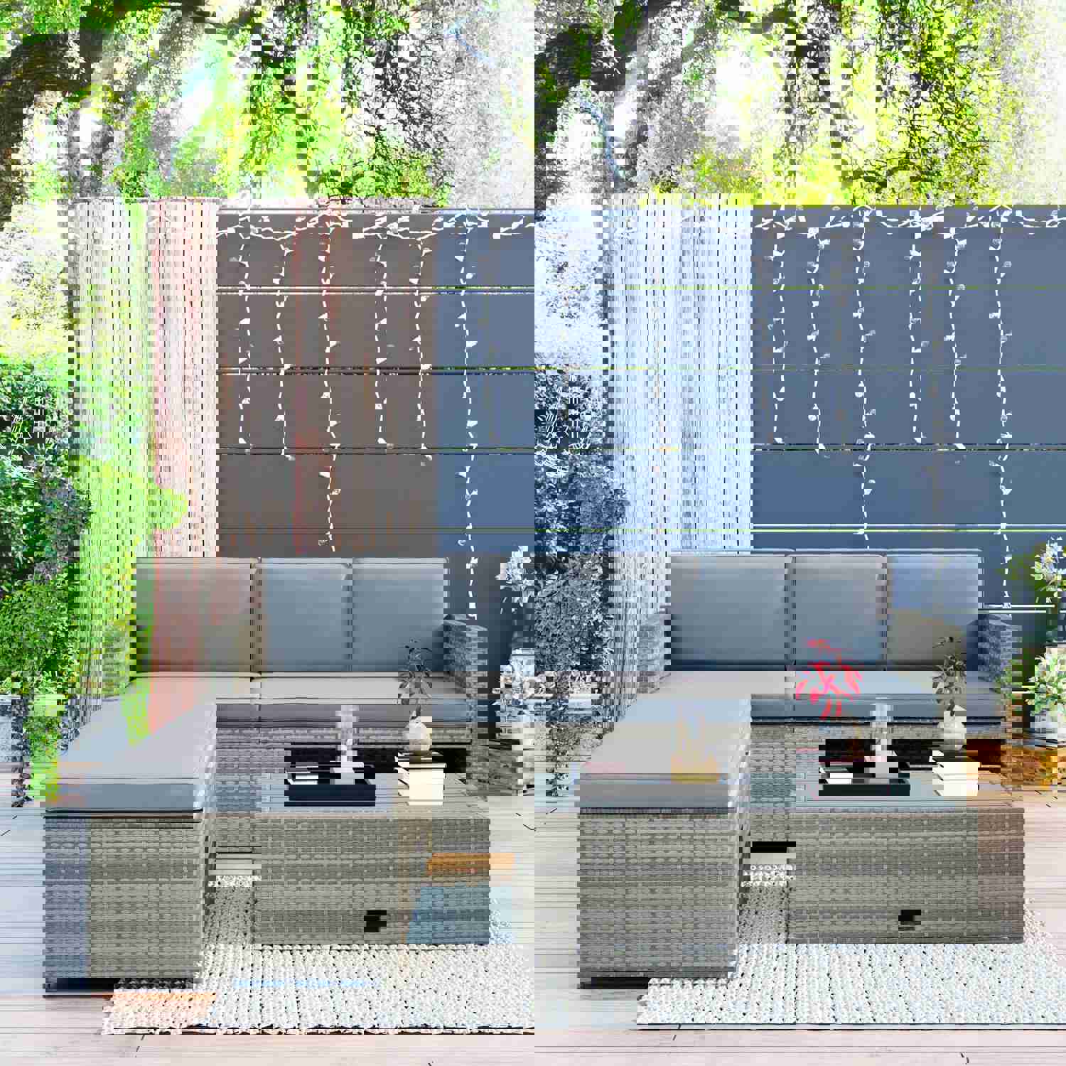 TOPMAX 4-piece Outdoor Backyard Patio Rattan Sofa Set, All-weather PE Wicker Sectional Furniture Set with Retractable Table, Gray