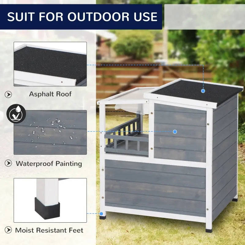 PawHut 2-Story Weatherproof Wood Cat House with Balcony & Doors for Indoor/Outdoor Use