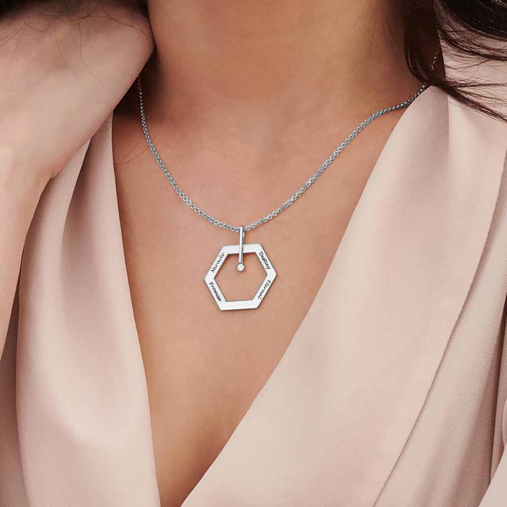 Custom Text Hexagonal Necklace - Personalized Silver Name Jewelry for Mother's Day Gift