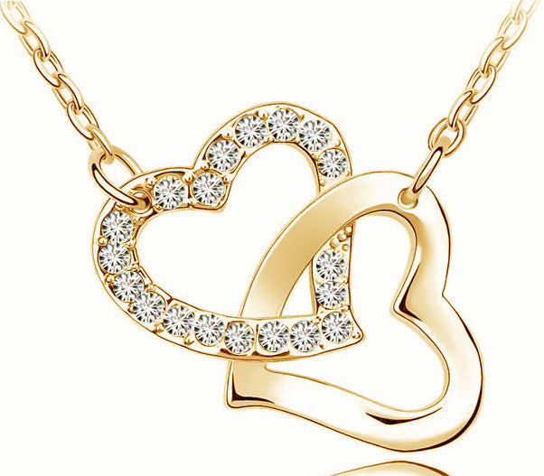 Free Shipping Wholesale Fashion Jewelry Double Heart Pendant Necklace with AAAA+ Rhinestone