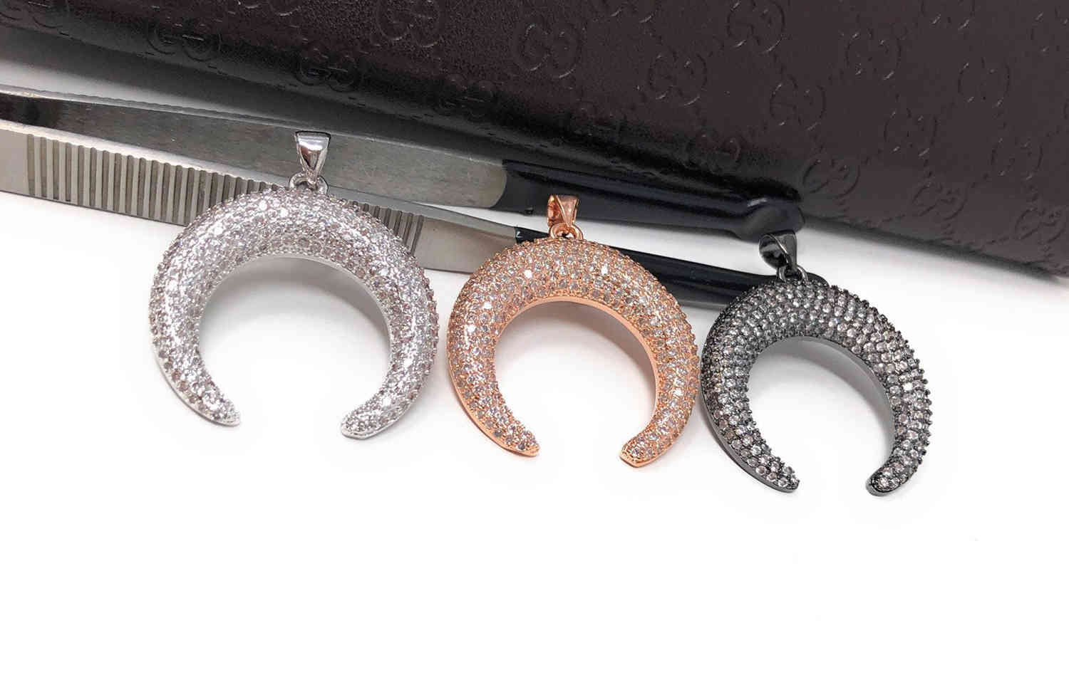 CZ Micro Pave Double Horn Moon Crescent Pendant for DIY Jewelry Making