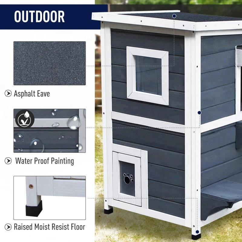 PawHut 2-Story Weatherproof Wood Cat House with Balcony & Doors for Indoor/Outdoor Use
