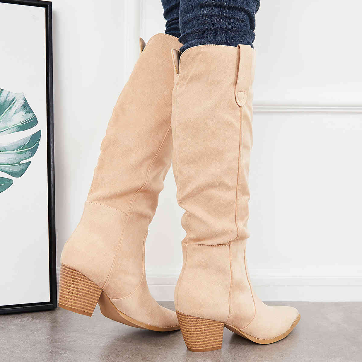 Women's Knee High Boots with Chunky Block Heel - Western Riding Style