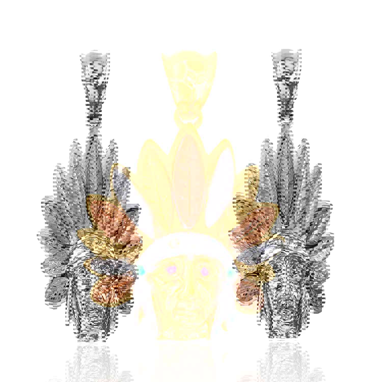 14K Tricolor Gold Ruby Red, Emerald Green and Clear Cubic Zirconia Indian Chief Head Pendant