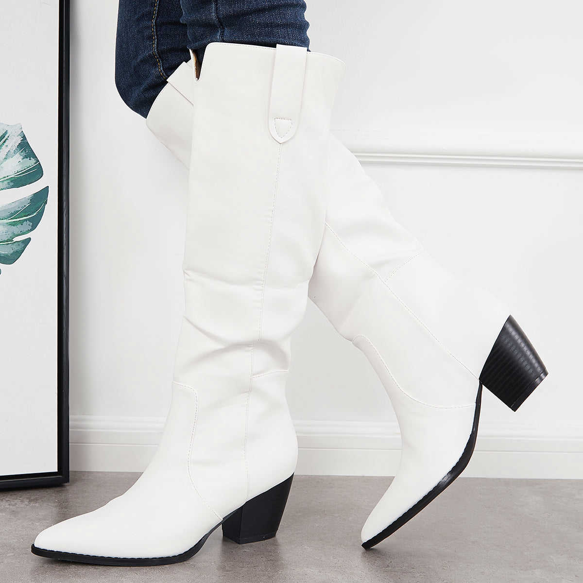 Women's Knee High Boots with Chunky Block Heel - Western Riding Style