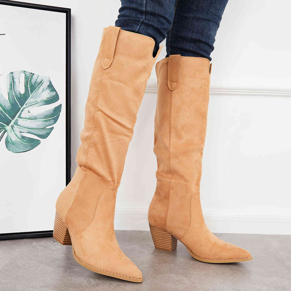 Women's Knee High Boots with Chunky Block Heel - Western Riding Style