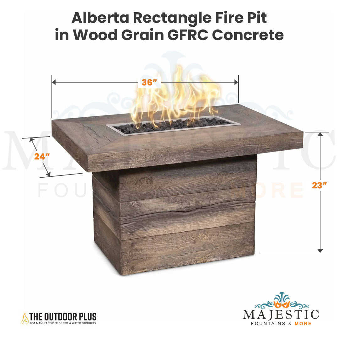 The Outdoor Plus Alberta Rectangle Fire Pit in Wood Grain Concrete with Free Cover