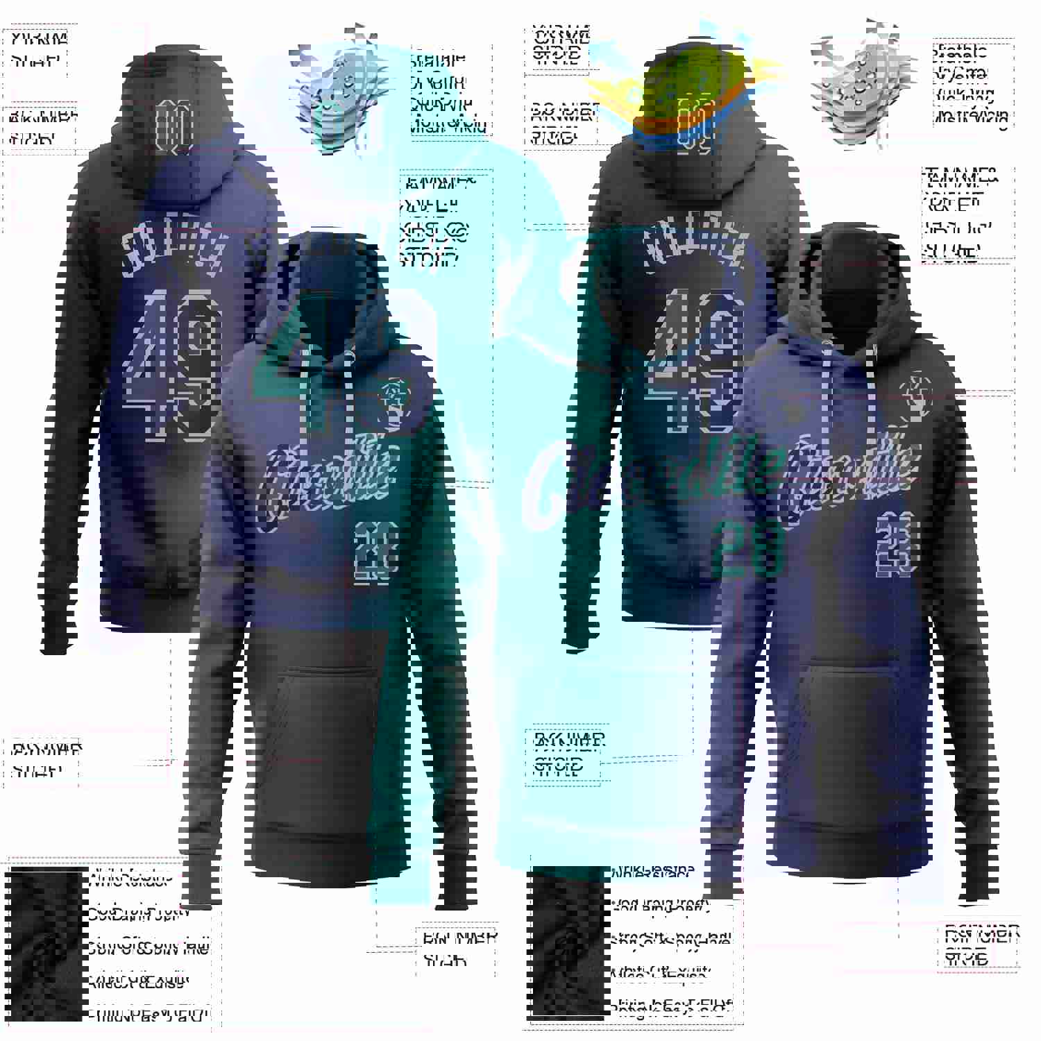 Custom Stitched Navy Teal-Gray Gradient Fashion Sports Pullover Sweatshirt Hoodie