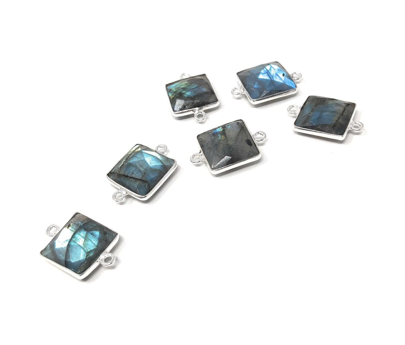 9 Pcs Labradorite Gemstone Connector, Sterling Silver Double Bail Connectors Charms for DIY Jewelry Making, 20x14mm