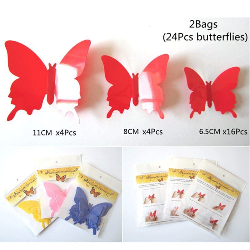Qfdian 24Pcs/Lot PVC 3D DIY Butterfly Wall Stickers for Home Decor