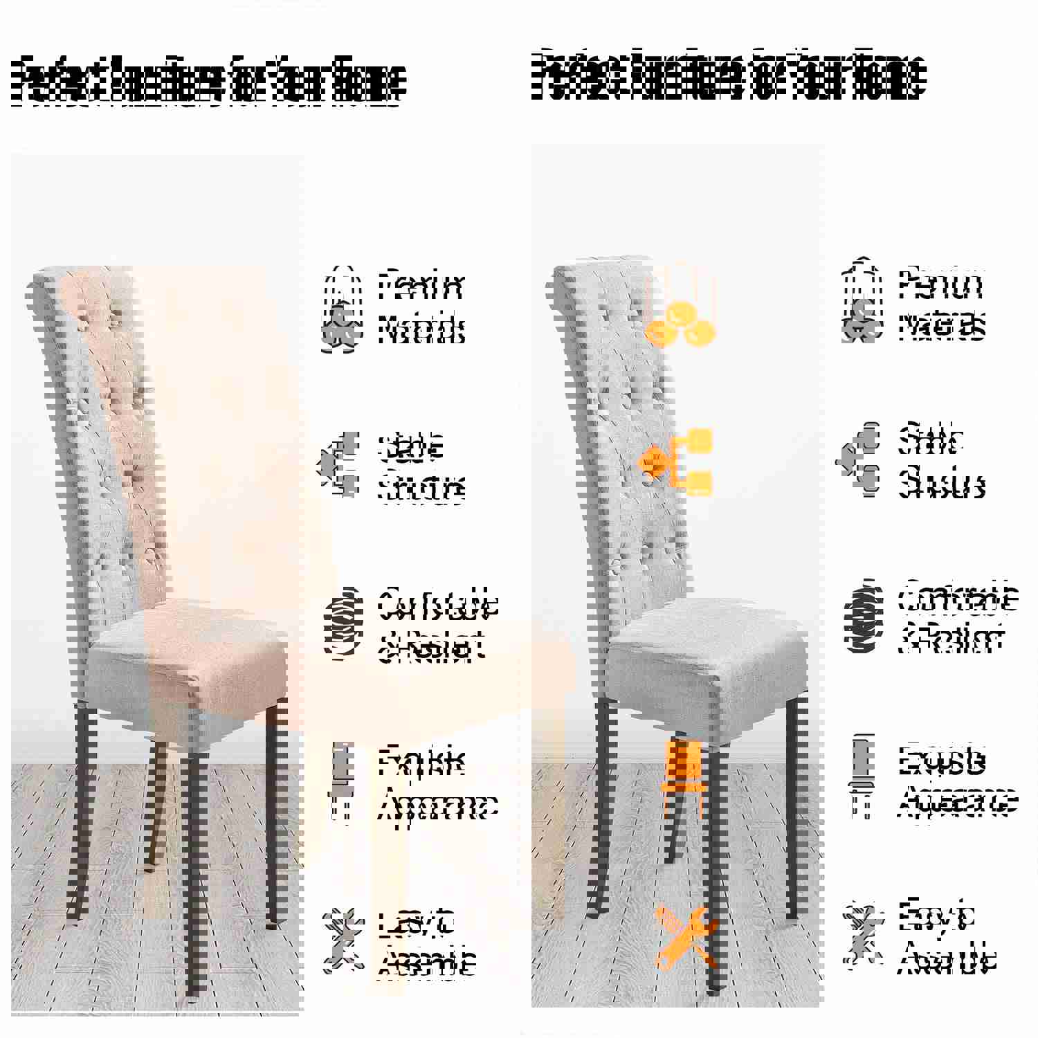 Beige Tufted Dining Chairs Set of 2, Upholstered High Back Padded Dining Chairs with Solid Wood Legs