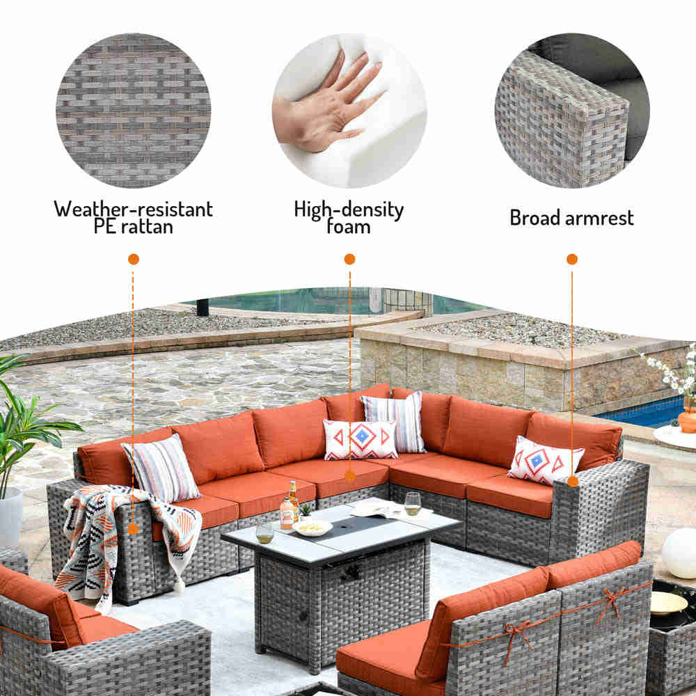 Ovios 13 Pieces Outdoor Furniture Set with Broad Handrails and Fire Pit Table