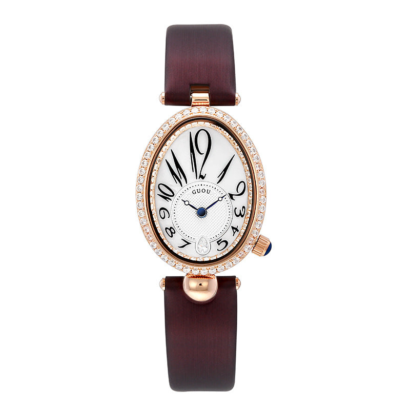 GUOU 6040 Fashion Oval Diamond Women's Watch - Rose Gold Leather Strap
