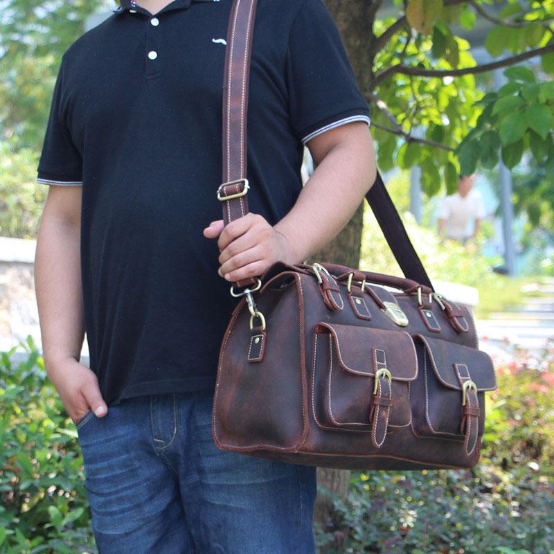 Vintage Brown Leather Large Men's Briefcase Weekender Travel Duffle Bag