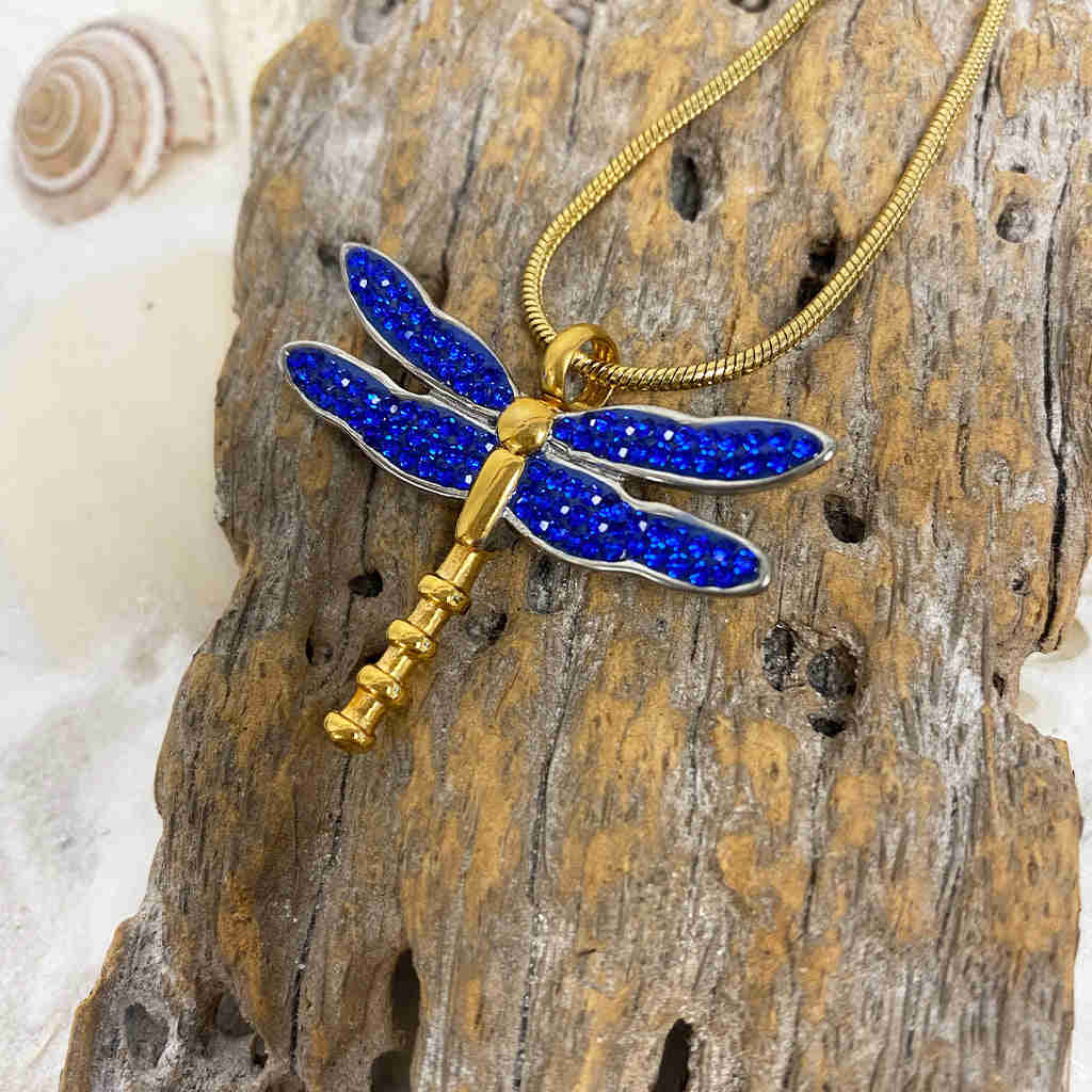 J-7149 - Winged Dragonfly Rhinestone Memorial Pendant with Gold-Tone Chain