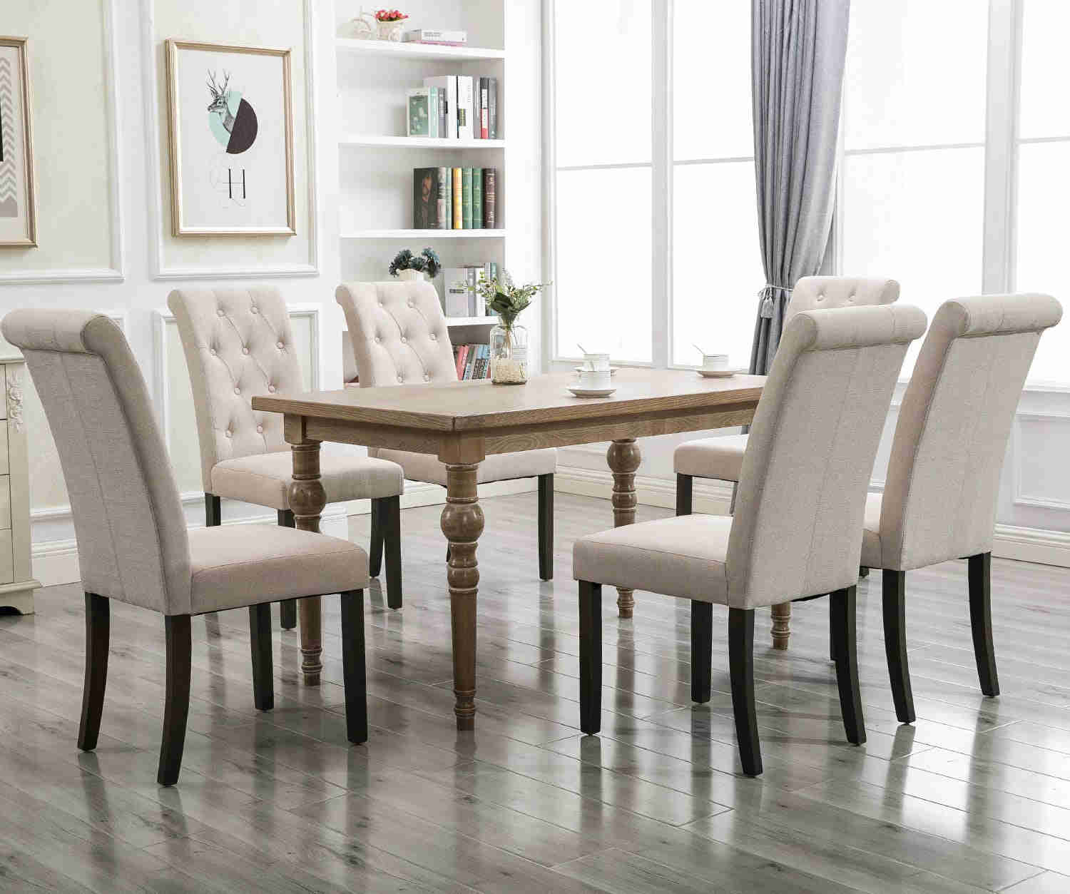 Beige Tufted Dining Chairs Set of 2, Upholstered High Back Padded Dining Chairs with Solid Wood Legs