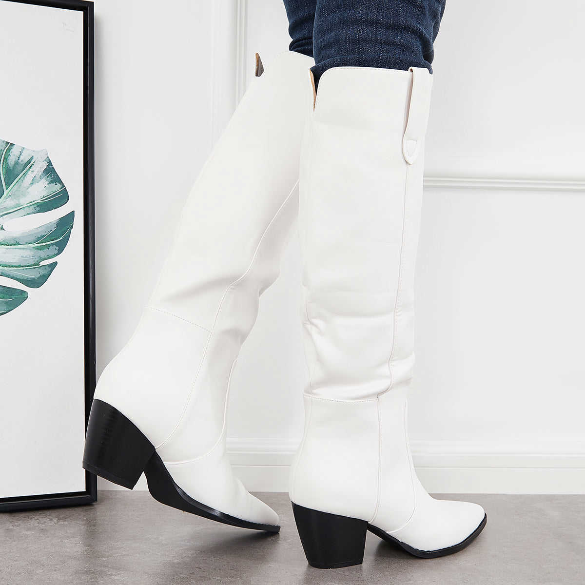 Women's Knee High Boots with Chunky Block Heel - Western Riding Style