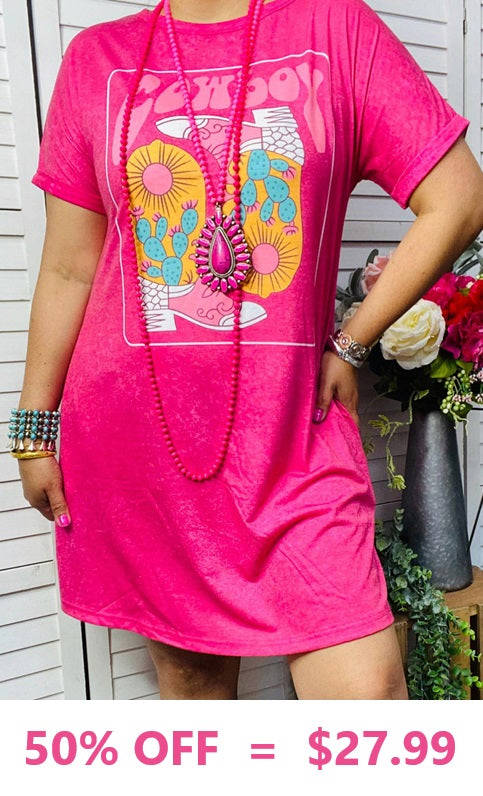 Pink Cowgirl Boot Graphic T-shirt Dress