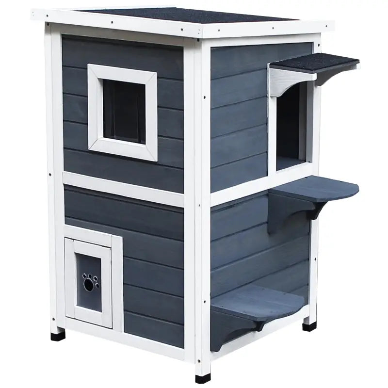 PawHut 2-Story Weatherproof Wood Cat House with Balcony & Doors for Indoor/Outdoor Use