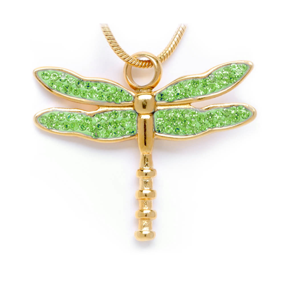 J-7149 - Winged Dragonfly Rhinestone Memorial Pendant with Gold-Tone Chain