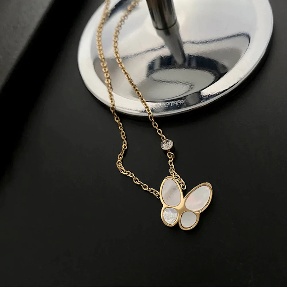 Elegant Women's Butterfly Pendant Necklace - Gold Plated Alloy and Mother of Pearl, 16 + 2 Length