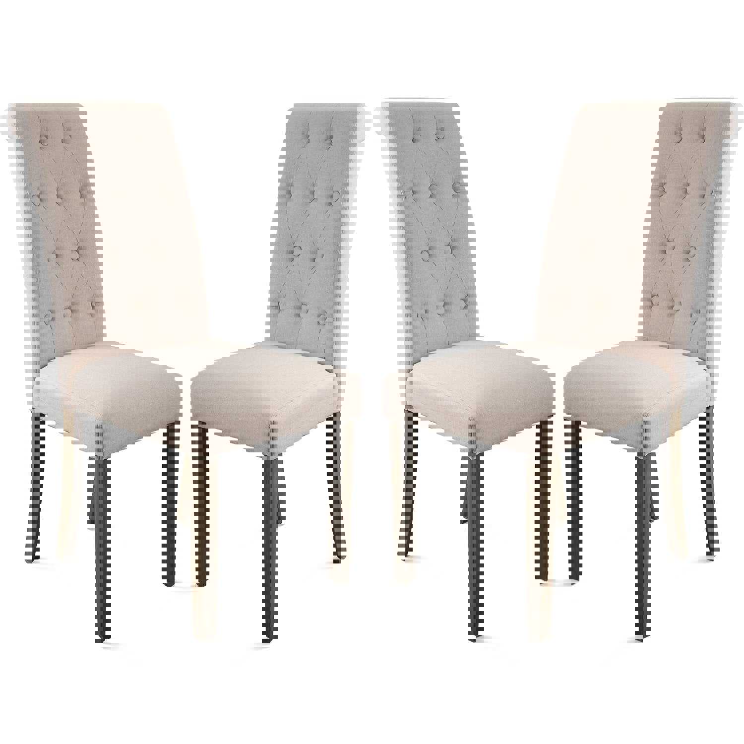 Beige Tufted Dining Chairs Set of 2, Upholstered High Back Padded Dining Chairs with Solid Wood Legs