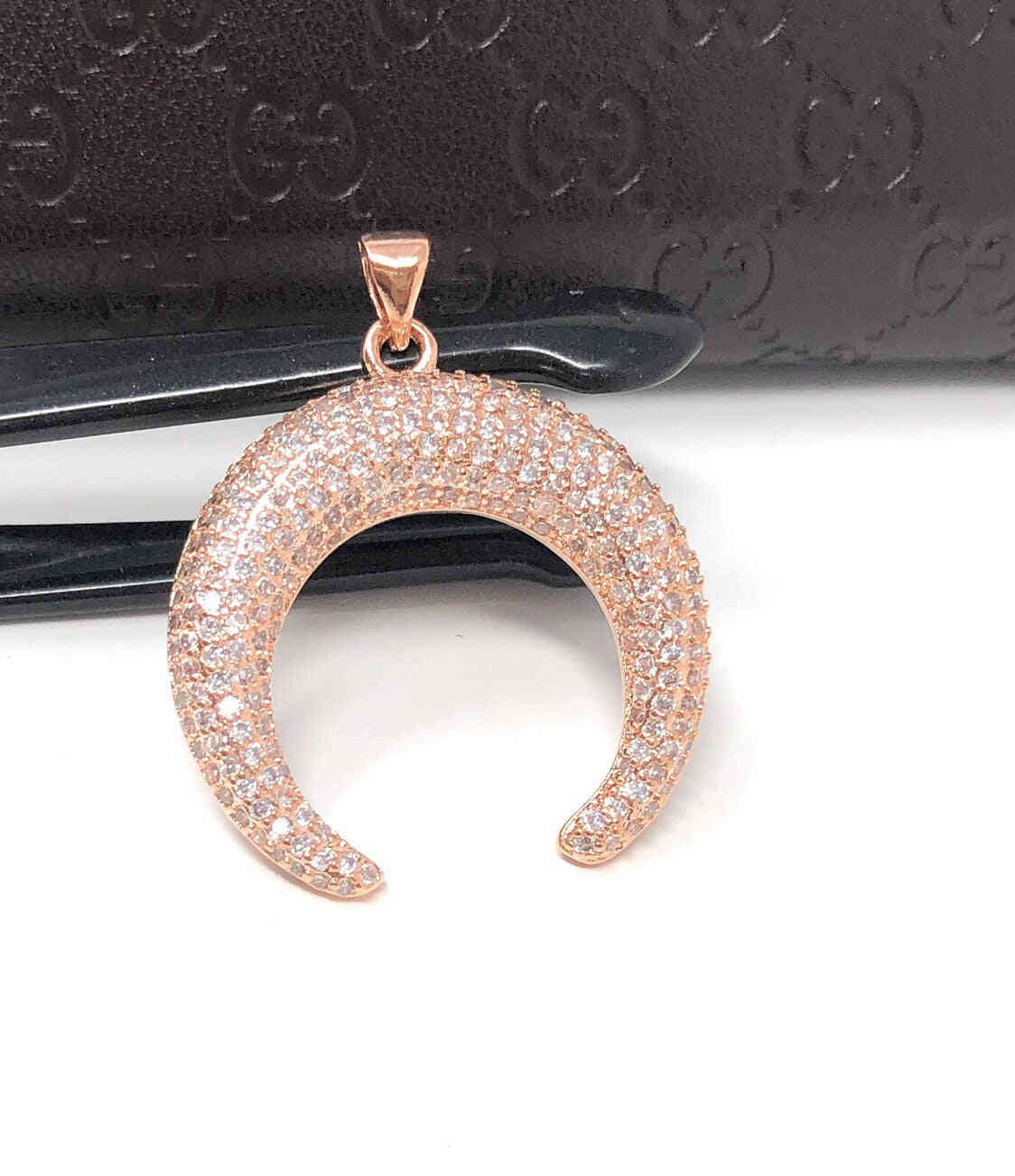 CZ Micro Pave Double Horn Moon Crescent Pendant for DIY Jewelry Making