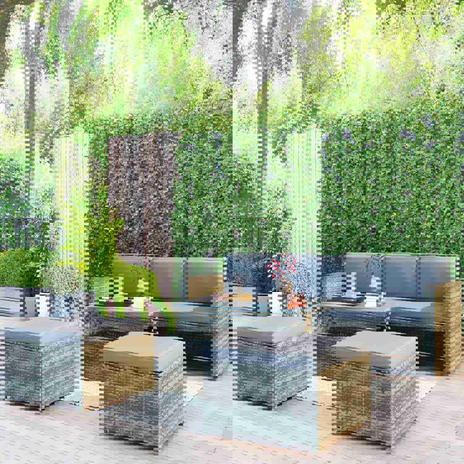 TOPMAX 4-piece Outdoor Backyard Patio Rattan Sofa Set, All-weather PE Wicker Sectional Furniture Set with Retractable Table, Gray
