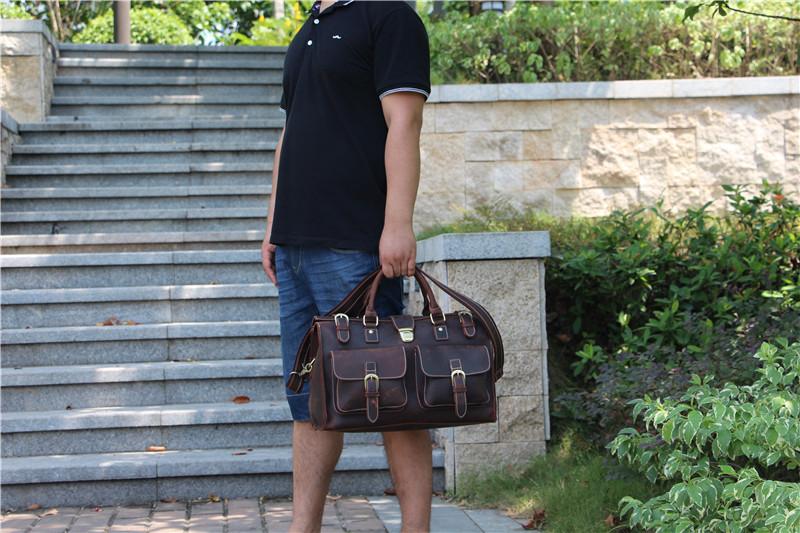 Vintage Brown Leather Large Men's Briefcase Weekender Travel Duffle Bag