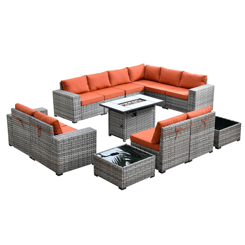 Ovios 13 Pieces Outdoor Furniture Set with Broad Handrails and Fire Pit Table