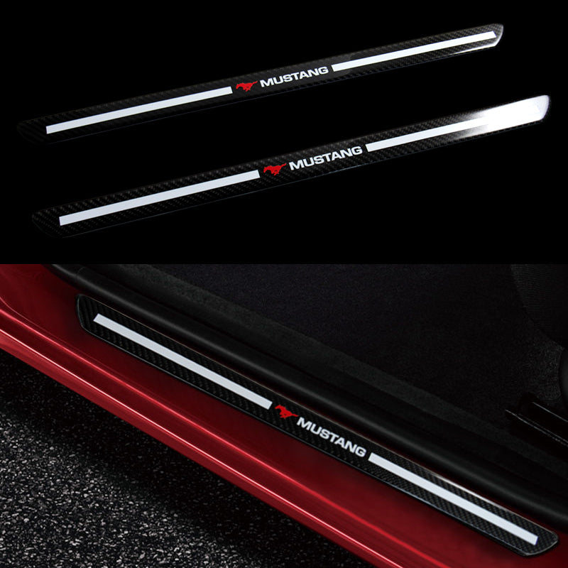 Mustang Carbon Fiber Car Door Welcome Plate Sill Scuff Cover Decal Sticker 4pc Set