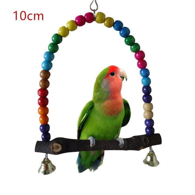 1PC Natural Wooden Parrots Swing Toy with Colorful Beads and Bells for Pet Birds