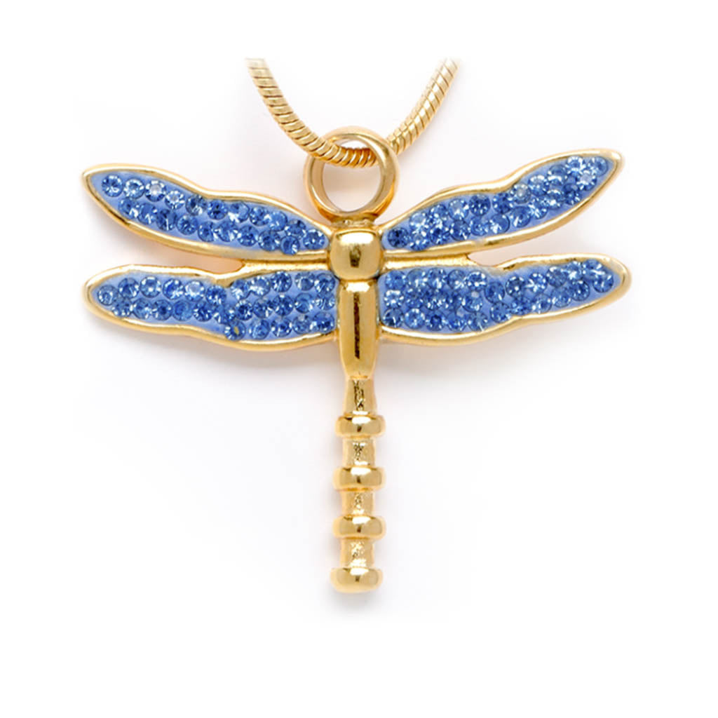 J-7149 - Winged Dragonfly Rhinestone Memorial Pendant with Gold-Tone Chain