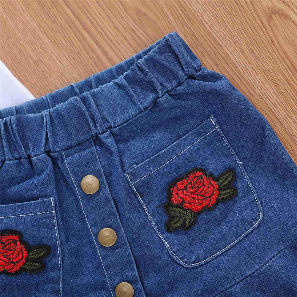 2020 Baby Summer Clothing Infant Kids Girls Skirt Two Piece Set Fashion Rose Embroidery Short Sleeve Top + Denim Short Skirt