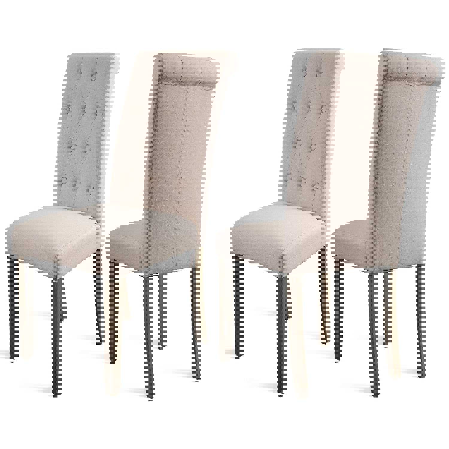 Beige Tufted Dining Chairs Set of 2, Upholstered High Back Padded Dining Chairs with Solid Wood Legs