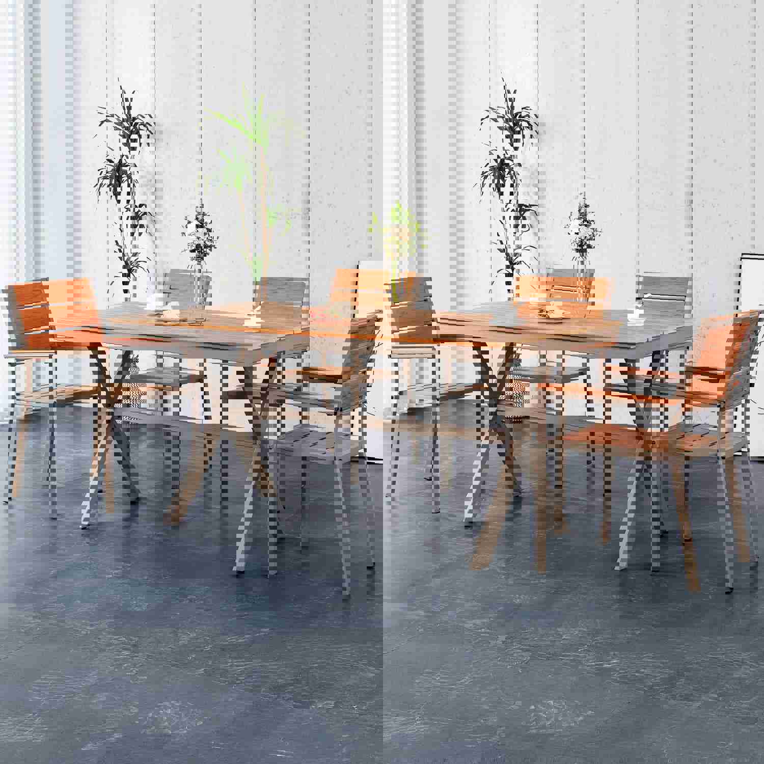 Outdoor Patio Dining Bistro Table for 4-6, Rectangle Plastic Wood Tabletop with Metal Steel Frame