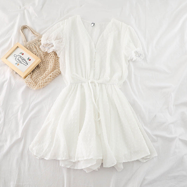 Women's Summer V-neck Lace Jumpsuit with Elastic Waist and Wide-legged Shorts