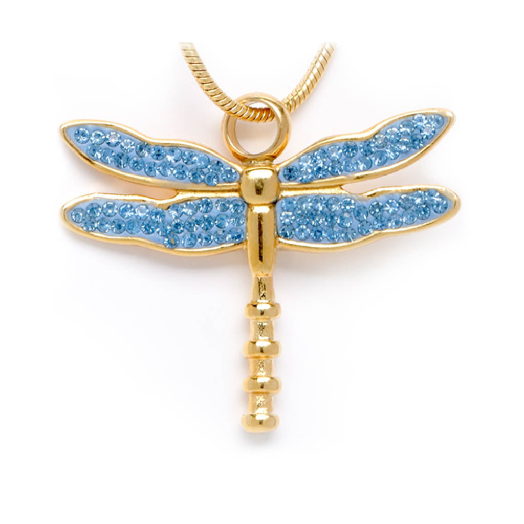 J-7149 - Winged Dragonfly Rhinestone Memorial Pendant with Gold-Tone Chain